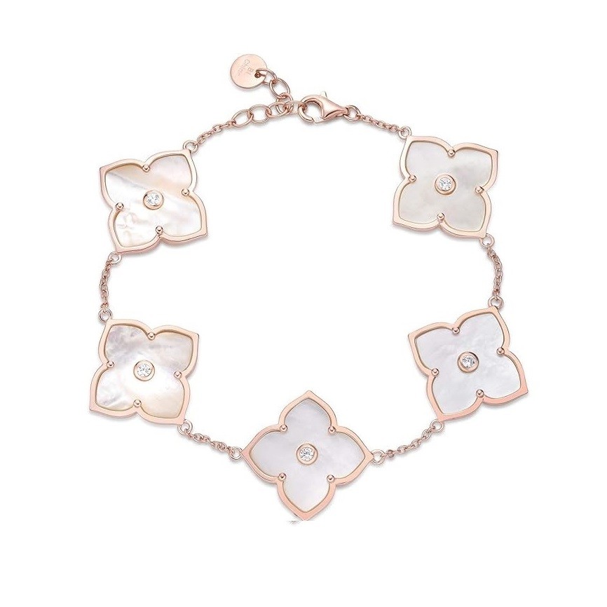 Lavari Jewelers Flower Bracelet for Women - Black Onyx or Mother of Pearl & Cubic Zirconia in 925 Sterling Silver - Hypoallergenic Gold Plated - Adjustable Clover Bracelet for Her - Lobster Claw Clasp