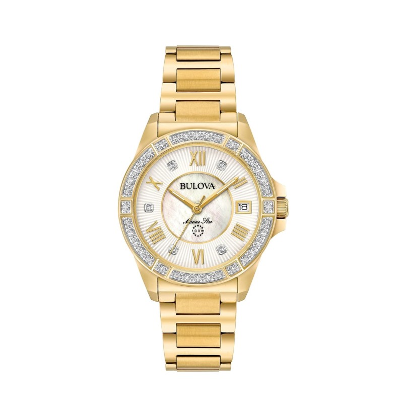 Bulova Ladies' Marine Star 'Series L' 3-Hand Day Date Quartz Diamond Watch, Sapphire Crystal, 100M Water Resistant, Mother-of-Pearl Dial, 34mm