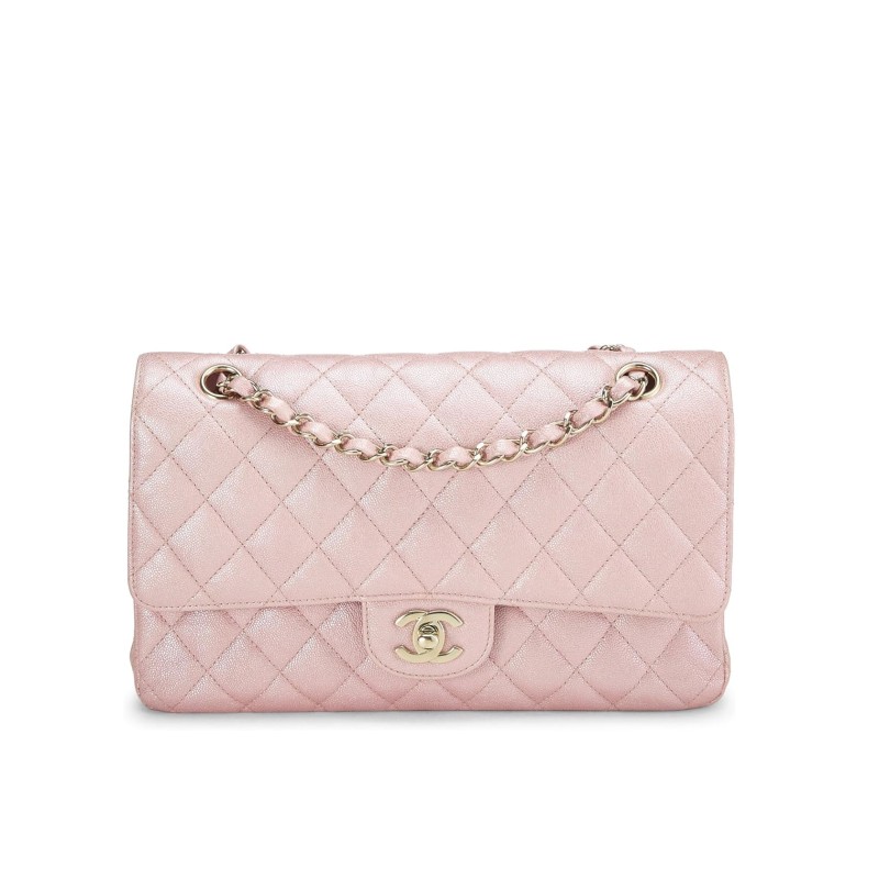 CHANEL Pre-Loved Iridescent Pink Quilted Caviar Classic Double Flap Medium, Pink