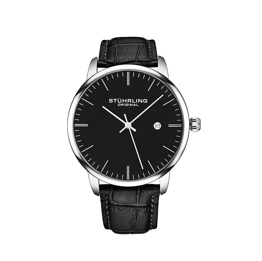 Stuhrling Original Mens Black Watch Calfskin Leather Strap Classic Dress Wrist Watch Minimalist Analog Watch Dial with Date Mens Black Watch