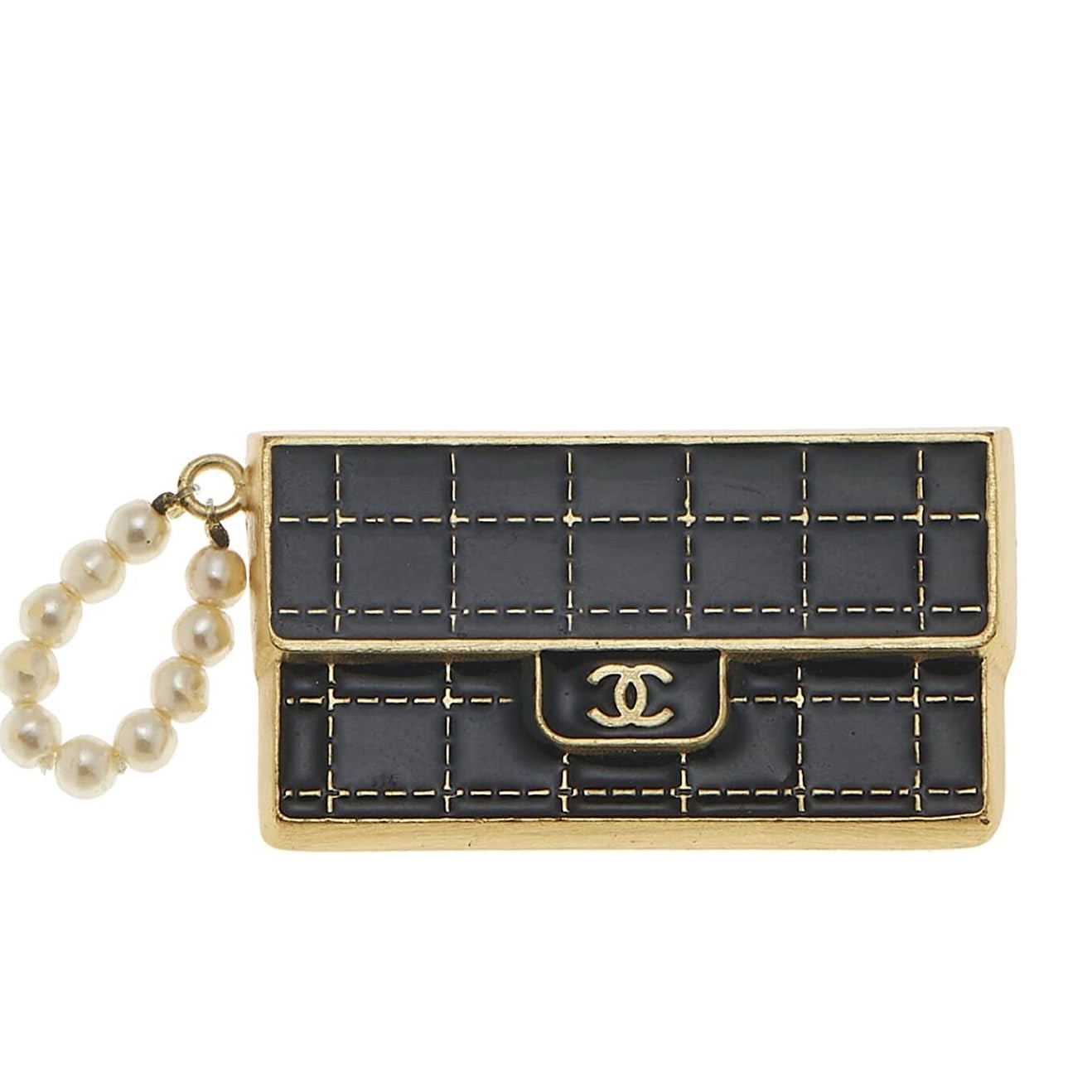 CHANEL Pre-Loved Black & Faux Pearl Flap Bag Pin, Black