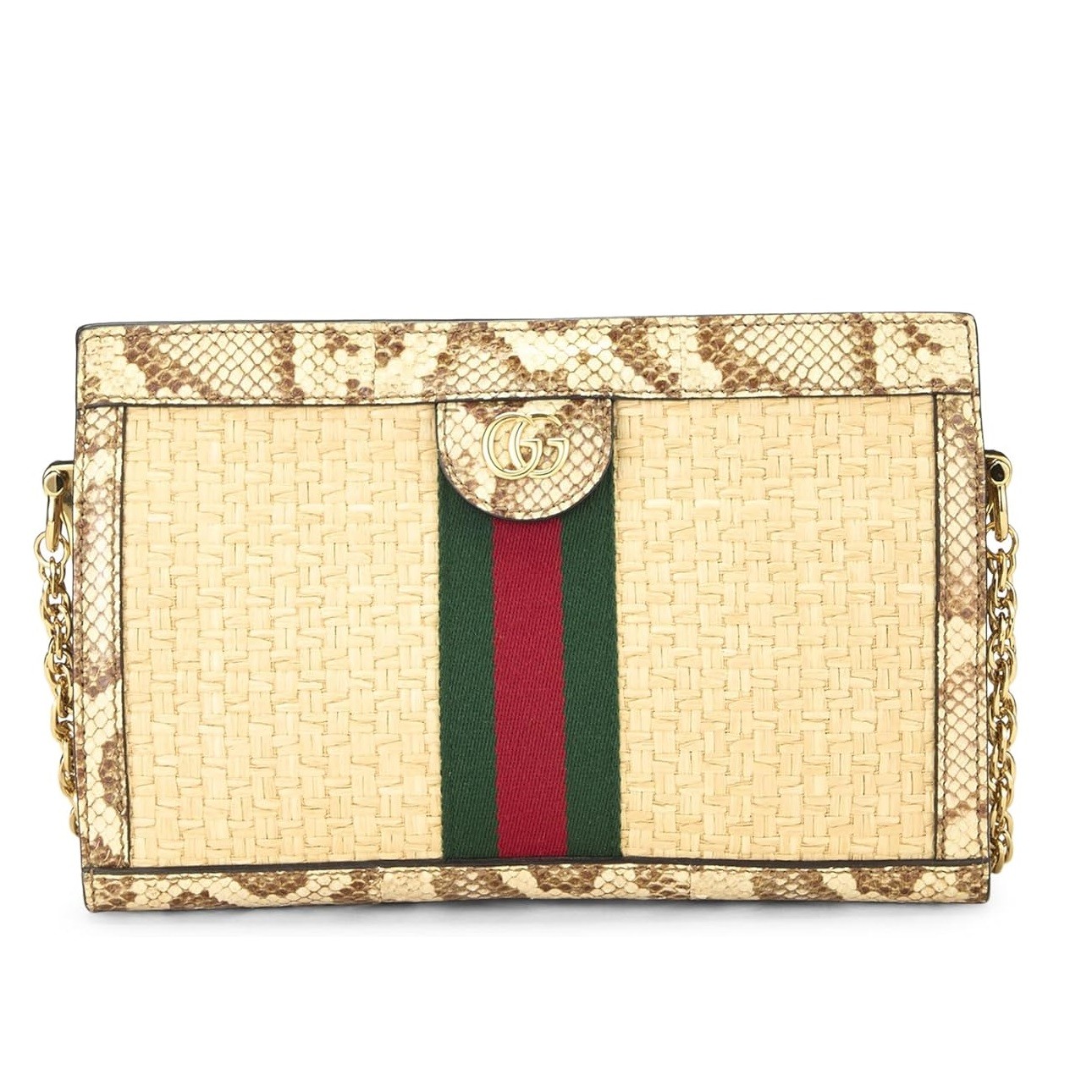Gucci Pre-Loved Beige Raffia & Snakeskin Ophidia Shoulder Bag Small, Beige