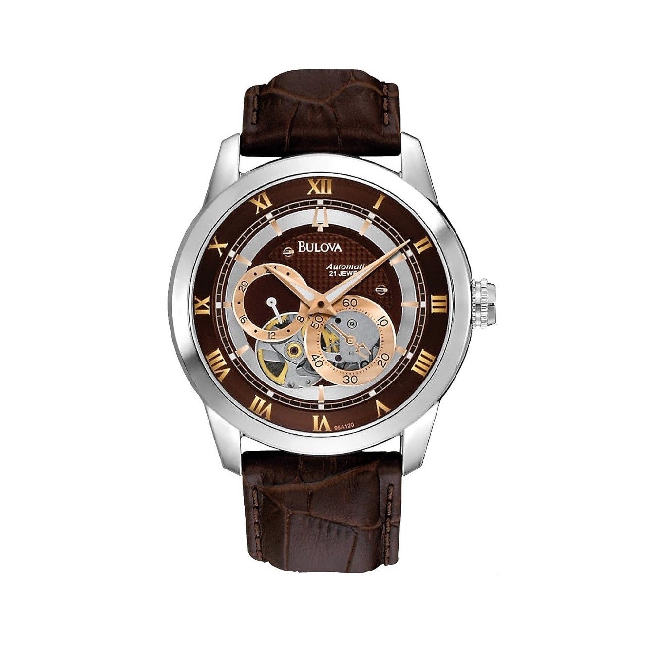 Bulova Men's Classic Sutton 4-Hand Automatic Watch, 24-Hour Sub Dial, Open Aperture, Self-Winding, Exhibition Caseback, Double Curved Mineral Crystal, Luminous Hands, 42mm