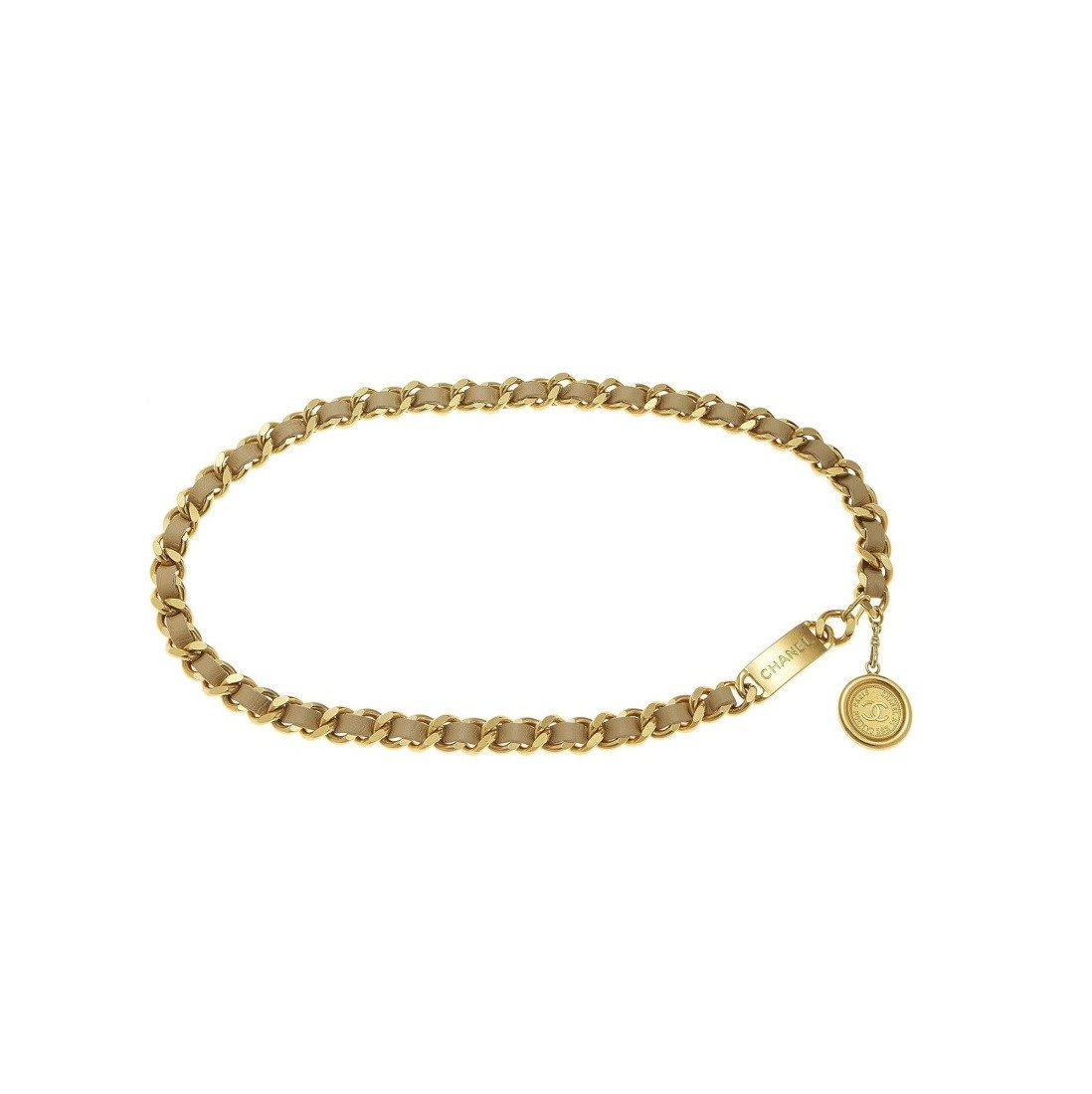 CHANEL Pre-Loved Gold & Beige Leather Chain Belt, Beige