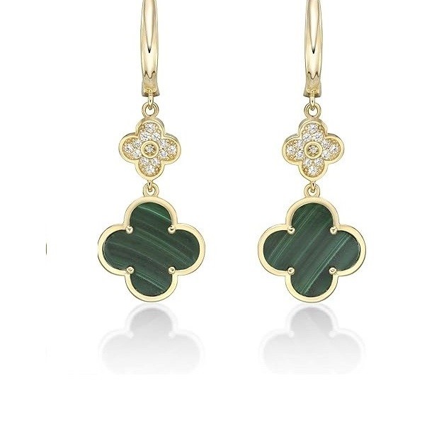 Lavari Jewelers Flower Dangle Drop Earrings for Women - Black Onyx Green Malachite or Mother of Pearl & Cubic Zirconia in 925 Sterling Silver Clover - Hypoallergenic Gold Plated - Secure Hinge Post
