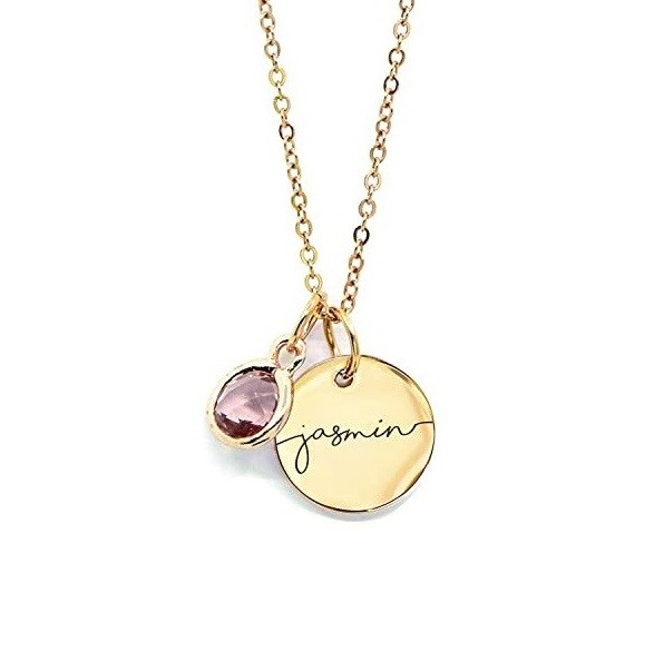 Birthstone Name Necklace Personalized Jewelry for Women Christmas Gifts Gold Plated Disc Pendant Charm, Custom Jewelry Gift Birthday Personalized Gifts for New Moms -CN-BS-SH