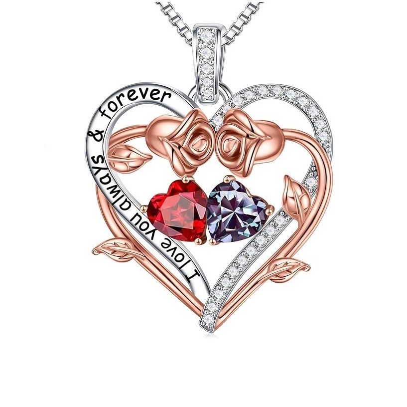 Iefil Rose Heart Double Birthstone Necklace Gifts for Wife Girlfriend Her Women, Birthstone Jewelry Gemstone Valentines Day Birthday Gifts for Mom Grandma Her Wife Women