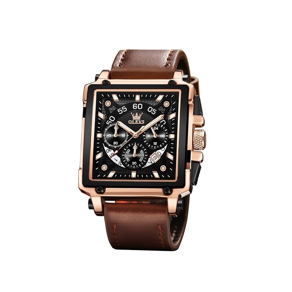OLEVS Square Watches for Men Brown Leather Chronograph Fashion Business Watch Luminous Waterproof Casual Wrist Watches