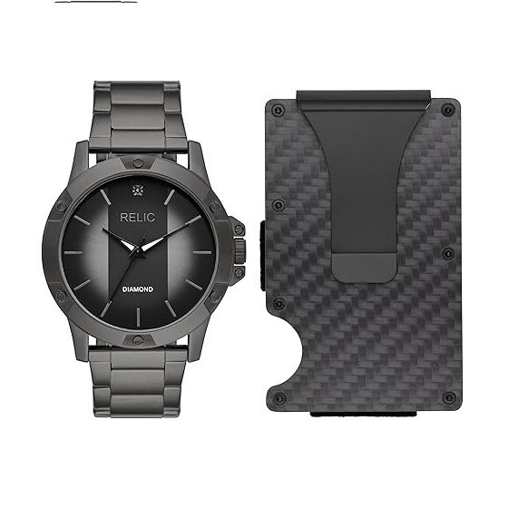 Relic by Fossil Men's Rylan Three-Hand Gunmetal Watch and Black Metal Card Case Gift Set (Model: ZR97014)