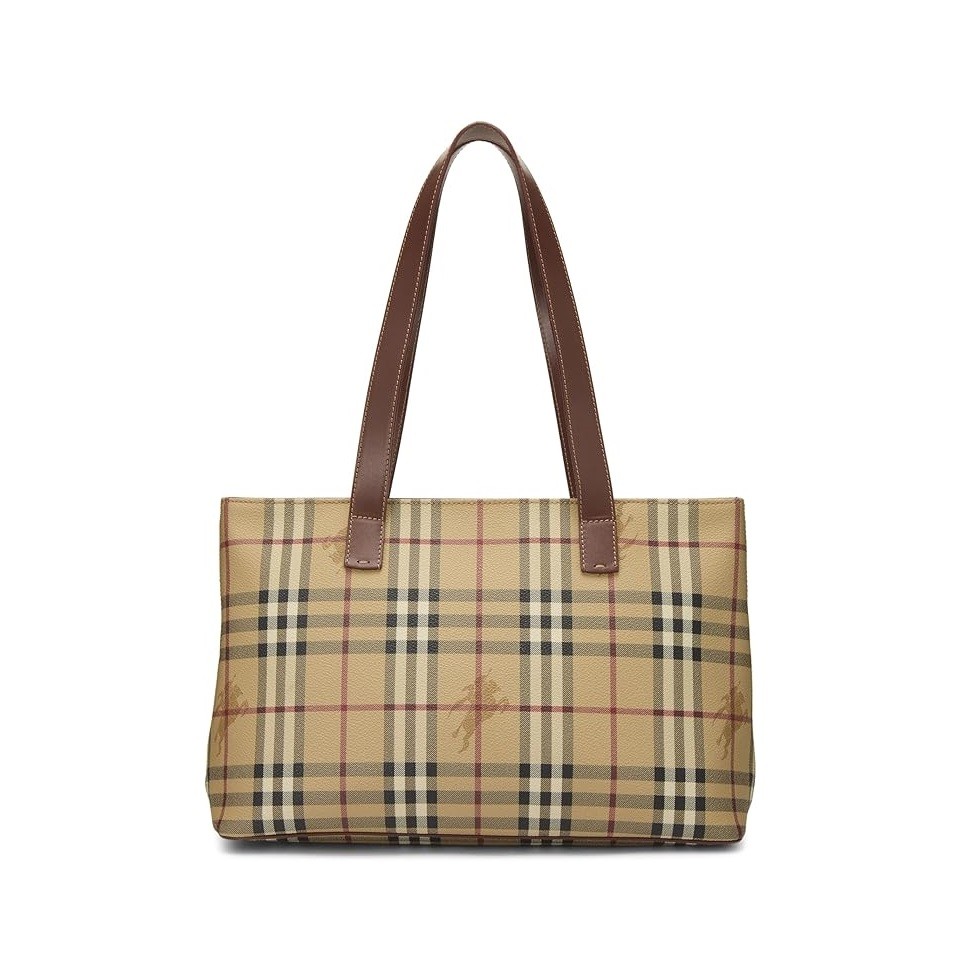 BURBERRY Pre-Loved Beige Haymarket Check Canvas Shopping Tote Medium, Brown