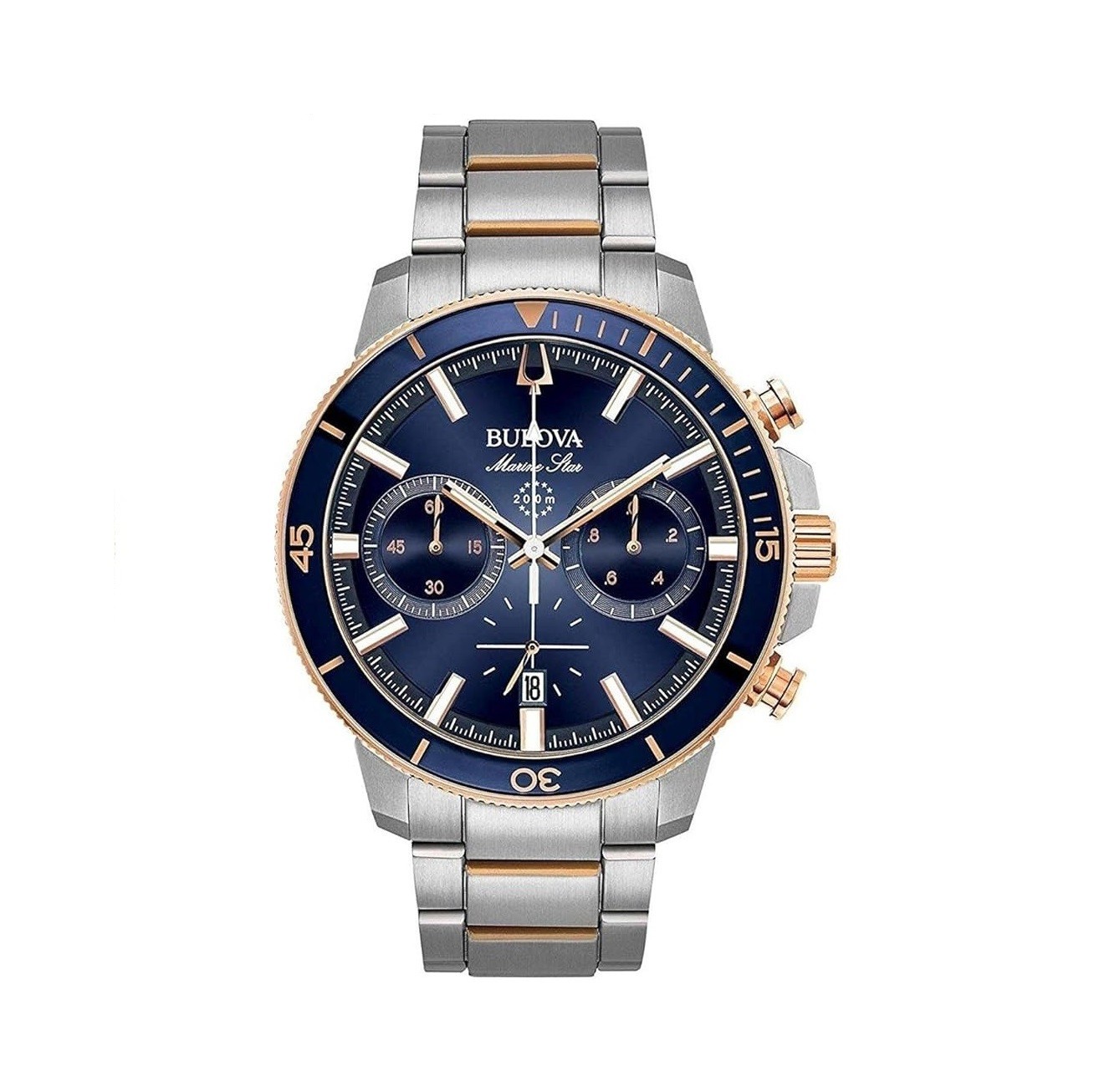 Bulova Men's Marine Star Series C Two-Tone Rose Gold Stainless Steel 6-Hand Chronograph Quartz Watch, Blue Dial Style: 98B301