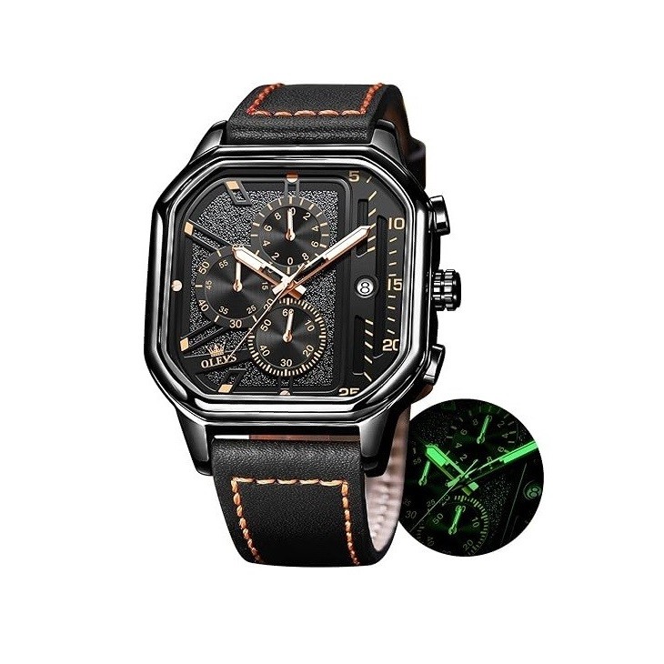 OLEVS Square Watches for Men Brown Leather Chronograph Fashion Business Watch Luminous Waterproof Casual Wrist Watches