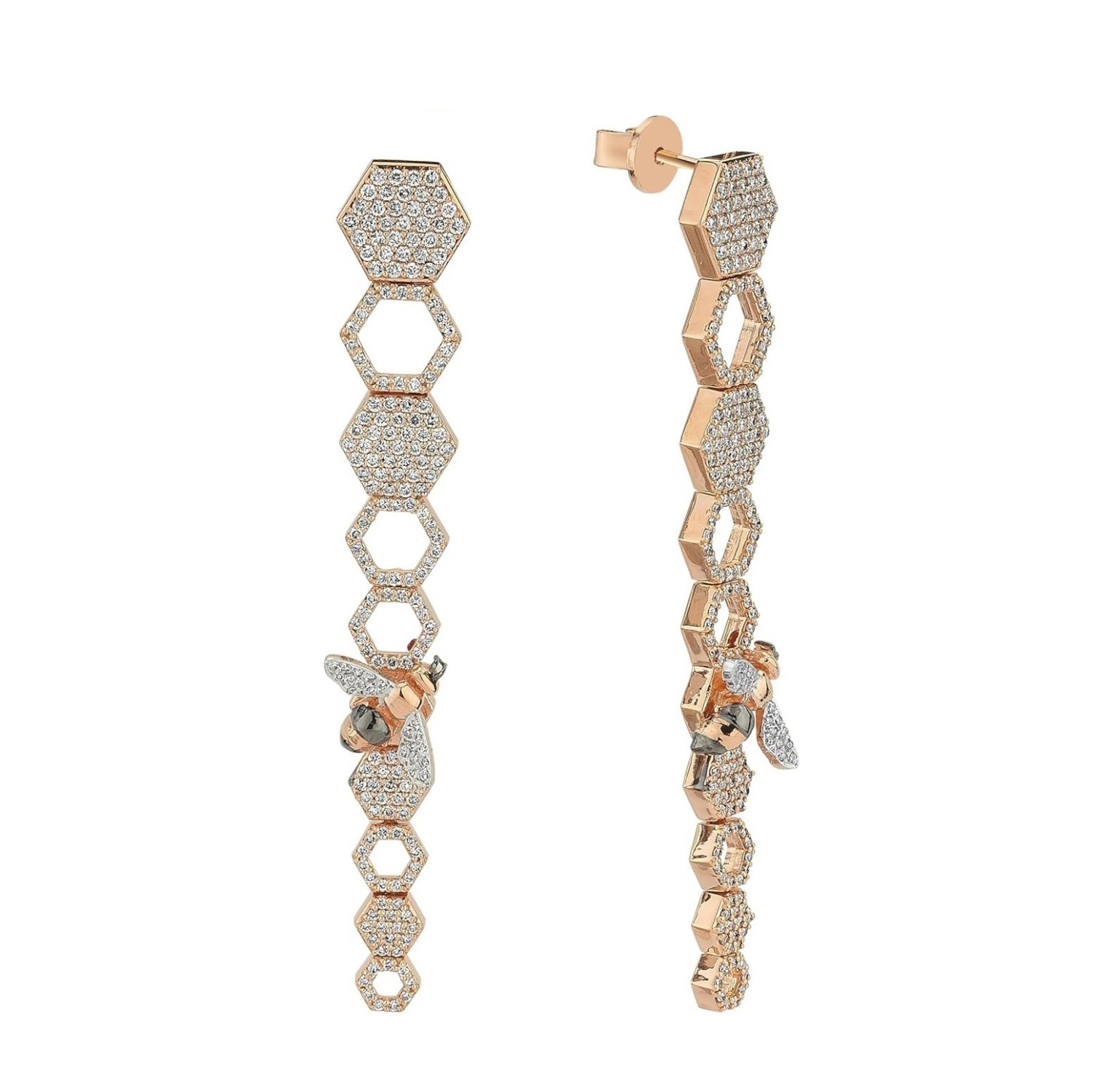Bee Goddess Cybele Honeycomb Diamond Earring, Rosegold