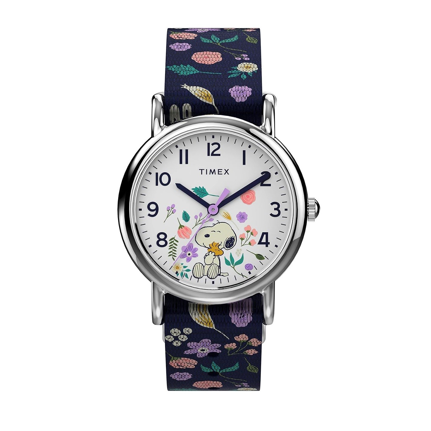 Timex Womens Watch Peanuts Weekender Casual Ladies Wristwatch - Featuring Snoopy and Woodstock in a Floral Motif, Silver-Tone Case with Blue Fabric Strap (31mm)