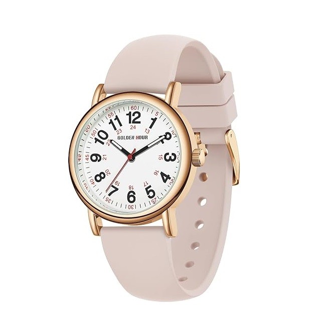 GOLDEN HOUR Waterproof Nurse Watch for Medical Professionals, Students Women Men - Military Time Luminouse Easy Read Dial, 24 Hour with Second Hand, Colorful Silicone Band