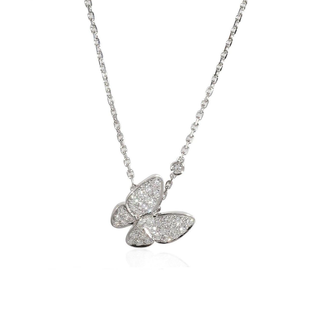 Van Cleef & Arpels Pre-Loved, Two Butterfly Diamond Pendant in 18k White Gold 0.88 CTW, 16 in